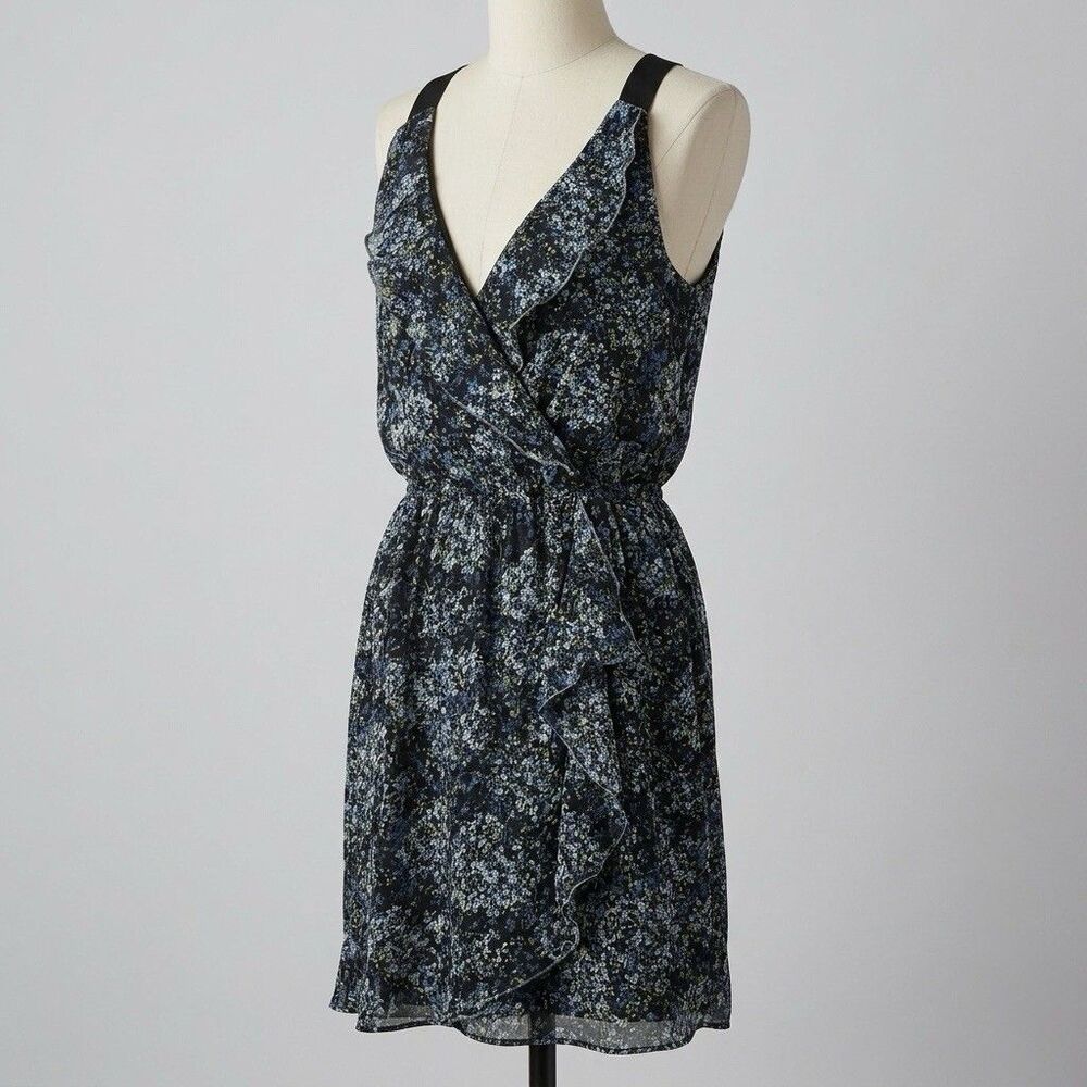 Fred David Knee Length Dress Sz L Blue Floral Chiffon Blouson Ruffle Wrap Boho